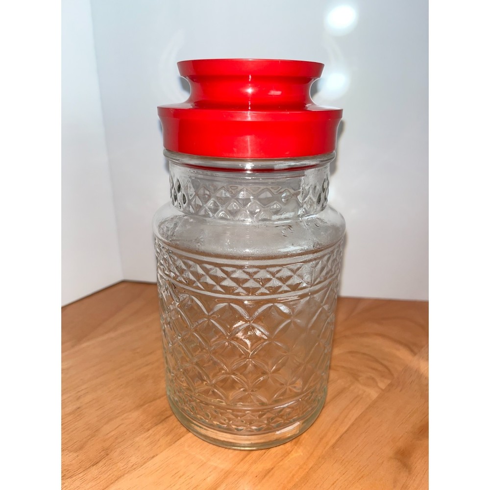 VTG ANCHOR HOCKING WEXFORD GLASS JAR CANISTER WITH RED PLASTIC LID